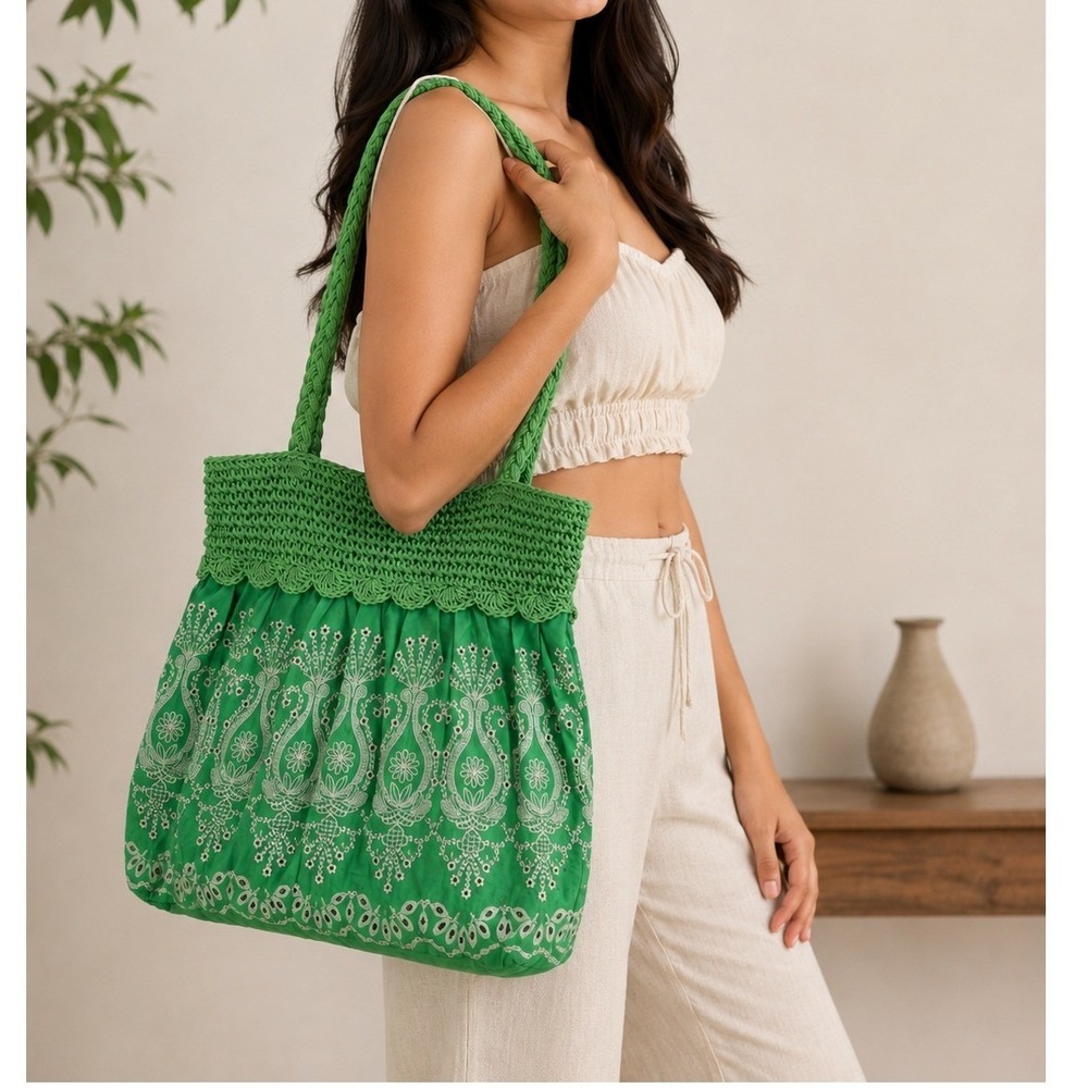 NWT Cappelli Green Crochet Embroidered Boho Tote Bag Beach Cottagecore
